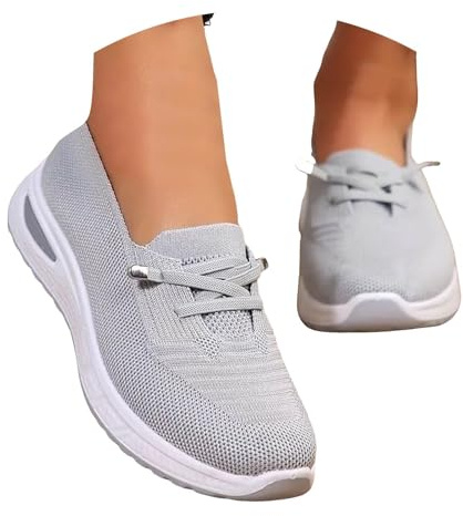 Orthopedic Shoes for Women,Ladies Slip on Trainers,Women Lightweight Slip-On Knitted Sneakers Comfortable Fashion Flat Walking Shoes Breathable Slip On Arch Support Non-Slip Sneakers A Grey