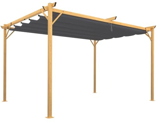 IDMarket - Pérgola retráctil techo 4 patas 3x4 M cenador efecto madera tela gris antracita