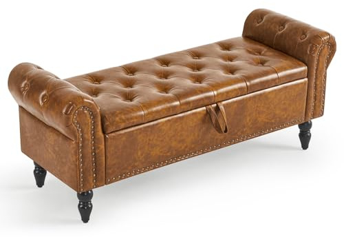 Ckaff Storage Ottoman Bench, Leather Benches End of Bed Bench with Solid Wood Legs Upholstered Ottoman Bench with Storage Indoor Bench for Living Room with Rolled Arm, Entryway, Brown, 132CM