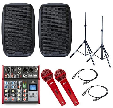 IMPIANTO AUDIO 831 PACK - da 2 diffusori, supporti regolabili, mixer, 2 microfoni a filo e cavi professionali
