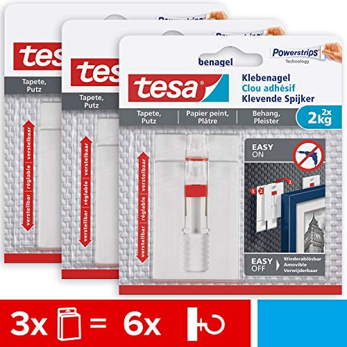 tesa Verstellbarer Klebenagel für Tapeten und Putz 2 kg im 3er Pack - Höhenverstellbarer, selbstklebender Wandnagel - Bis zu 2 kg Halteleistung pro Nagel - 3 x 2 Klebenägel