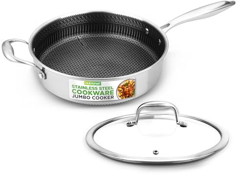 NutriChef Stainless Steel Saute Pan with Lid 28cm, 3.2L Non-Stick Deep Frying Pans, Scratch-Resistant Honeycomb Texture, Oven and Induction Safe, Skillet for Cook and Saute Use