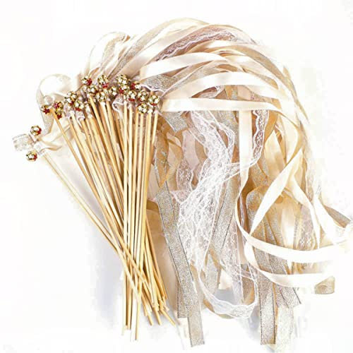 20Pcs Ivory Ribbon Wands,Lace Fairy Sticks With Bells,Wedding Twirling Streamers Wedding Ribbon Stick,Magic Wands with Ribbon Bells for Wedding,Baby Shower,Christmas,Birthday,Party, Holiday Celebratio