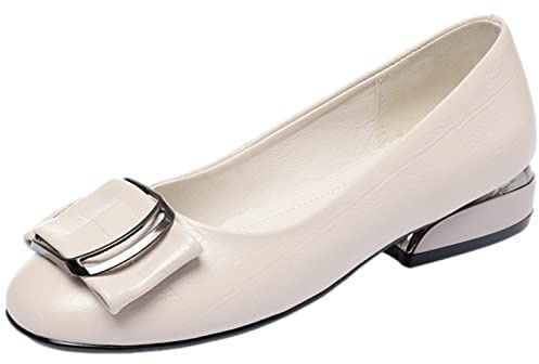 Jamron Dammode fyrkantig tå spänne läderpumps skor låga tjocka klackballerinor, Beige2, 37 EU