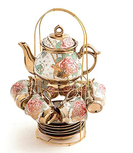 CHANJOON Juego de té de cerámica chapado en oro de 20 piezas, diseño de rosa roja, juego de té vintage con tetera, hermoso juego de té para 6 personas (rosa dorada L) (ma043)