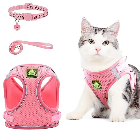 NeuWee Katzengeschirr mit Leine Ausbruchsicher, Katzengeschirr Leine Set mit Katzenhalsband, Katzenleine mit Geschirr für Katzen, Verstellbar Cat Harness für Welpen Kleine Hund Große Katzen(M, Rosa)