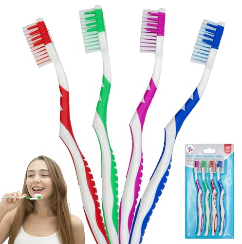 Total Clean, set di 4 spazzolini manuali con setole medie, spazzolino da denti da viaggio essenziale, spazzolini da denti per adulti, cura orale quotidiana - 19 cm