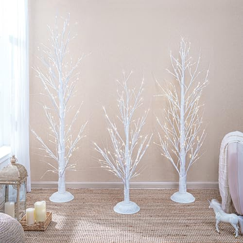 Aaliyah Lighted Christmas Tree Prelit Set of 3 LED Trees 4 5ft 5ft and 6ft White Birch Tree with LED Lights and Remote Control Outdoor Christmas for Yards Xmas Decoration Pack of 3