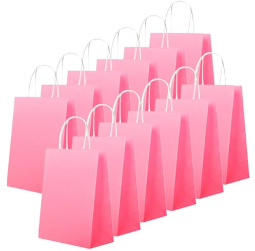 24 PCS Pink Kraft Paper Party-Bags, 16x22x8cm With Twist Handles, Flat Bottom Thick Gift Bags for Kids Present, Birthday, Wedding, Easter Parties