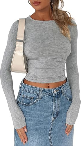 Qianderer Womens Y2k Long Sleeve Top Crop Tops Scoop Neck Going Out Slim Fit Basic T Shirts Aesthetic Streetwear