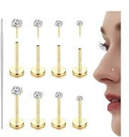 LOLIAS 14K Gold Filled Threadless Nose Studs CZ Nose Rings for Women Men 316L Surgical Steel Labret Studs Lip Rings Push in Flat Back Stud Earrings CZ Nose Nostril Tragus Helix Piercing Jewelry