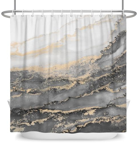 ASDCXZ Marmor Duschvorhang Grau 180x180 cm, Modern Abstrakt Grau Weiß Gold Verlauf Marmor Optik Textur Waschbar Bad Duschvorhänge Polyester Textil Wasserdicht Duschvorhang für Badewanne mit 12 Haken