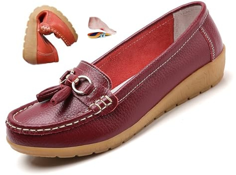 ZPLMIDE Mocasines ortopédicos para mujer de cuero transpirable, de ajuste ancho, mocasines clásicos de tacón de cuña, mocasines casuales sin cordones, zapatos de senderismo, rojo vino, 42 EU