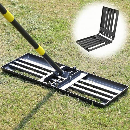 Lawn Leveling Rake with 30x10 Foldable Curved Ground Plate, Heavy Duty 58 Long Handle Lawn Leveler Tool for Leveling Compost Soil Dirt Sand Grass Peat Moss