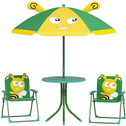 AIYAPLAY 4er Set Kindersitzgruppe Garten Kindersitzgarnitur mit 2 Klappstühle, höhenverstellbarem Sonnenschirm, Gartentisch, Bienen-Muster für 2-5 Jahre Kinder, Grün