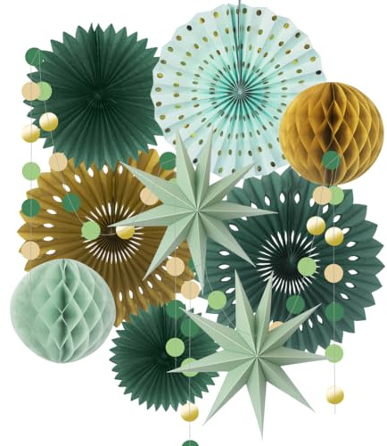 ADLKGG Sage Green Party Decorations, Hanging Paper Fans Circle Garland Paper Lanterns St Patrick's Day Party Supplies, Sage Green Themed Graduation Birthday Wedding Bridal Neutral Baby Shower Decor