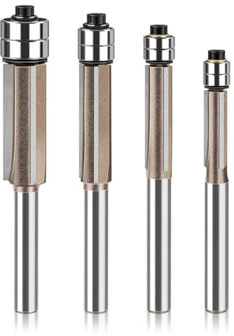 Mesee 4Pcs Top Bearing Flush Trim Router Bit Set 1/4 Shank 3-Flute Flush Trim Bits with Double Bearings Woodworking Carbide Tipped Triple Flute Template Pattern Trimming Cutter - 1/4 5/16 3/8 1/2