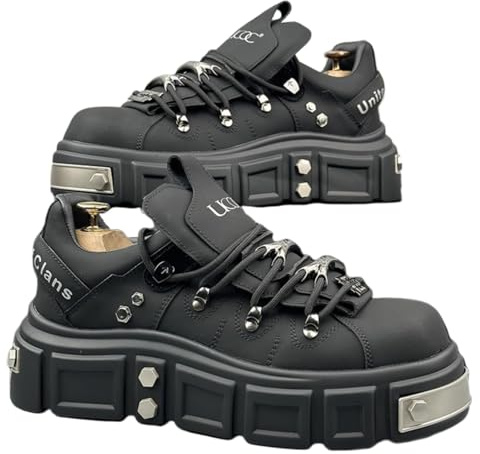 Faux Leather Y2K Punk Studded Platform Sneakers for Women Thick Sole Casual Streetwear Shoes with 2.75 Inch Lift for Night Out Concert Fashion Looks (Black,12)