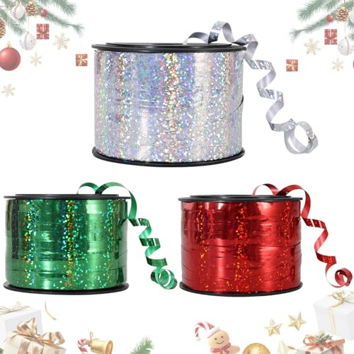 BEISHIDA 3 Pack 100 Yards Sliver Red Green Curling Ribbon Balloon String Gift Wrapping Ribbon for Christmas & Birthday Parties,DIY Craft Holiday Decorations