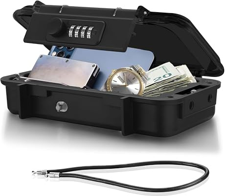 XXL Large Security Lock Box,Outdoor Waterproof Travel 4-Digit Combination Safe Lock Box with Removable Wire Rope,for Travel, Beach, Hotel, Car, Home, Office [ Inside Size:7.87 * 4.0 * 1.4 inch ]