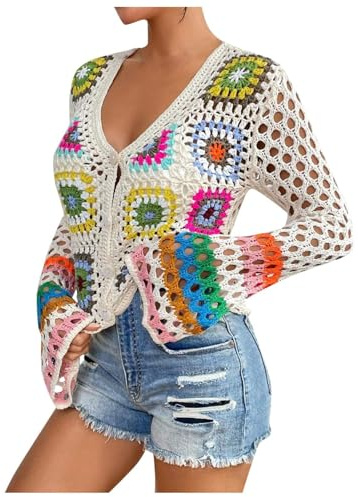 Cardigan en tricot à manches longues fait à la main Boho au crochet avec motif ethnique ajouré - T-shirt original à manches longues pour femme, Blanc., M