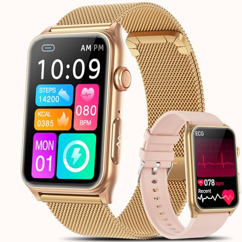 Marsyu Montre Intelligente 𝐄𝐂𝐆,1,57 Bracelet Intelligent avec SpO2/Fréquence Cardiaque/ρressιon ArtérιeΙΙe/Appel Bluetooth Montre Connectée,Sportif Fitness Tracker pour Android iOS(Rose,2 Bandes)