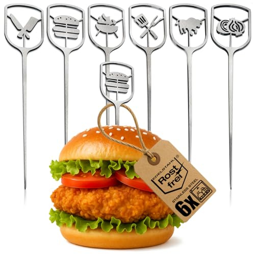 com-four® 6 hamburgerspett rostfritt stål 16 cm, metallspett med bred | kök - grilltillbehör för elegant servering
