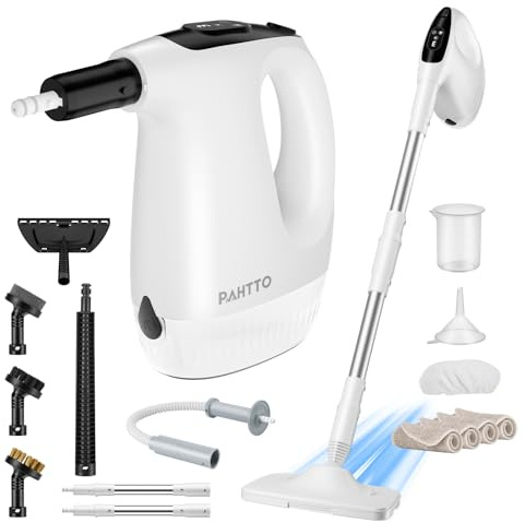PAHTTO Limpiador a vapor con unidad de mano extraíble, 17 accesorios y depósito de agua de 500 ml, tiempo de calentamiento de 15 segundos, potencia de vapor regulable, para suelos, cocina y baño
