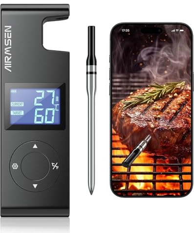 AIRMSEN Termometro da Carne Wireless con Manico in Ceramica Resistente al Calore & Display LCD - Monitoraggio 150M, Controllo via App Bluetooth 5.4 per Affumicatura BBQ - Batteria 1000mAh