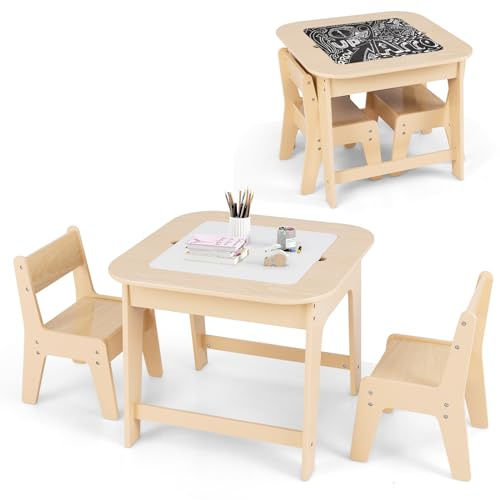 GYMAX Kids Table and Chair Set, Children Activity Desk with Removable Blackboard/Whiteboard Tabletop & Hidden Storage Space, Wooden Toddler Furniture Set for Drawing Playing Learning (Natural)