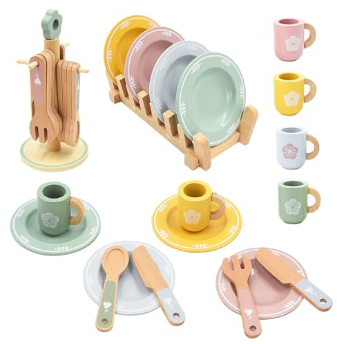 Hyacinthy Dinette en Bois Enfant, Lot de 22 Jouets de Cuisine en Bois pour 4 Personnes, Jeu de Vaisselle de Cuisine, Accessoires Cuisines pour Enfant, Jouet de Jeu de Rôle pour Filles Garçons 3+ Ans