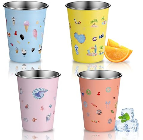 TranRantic 4 Pcs Stainless Steel Kids Cups, 12oz/350ml Kids Drinking Cups with Fun Cartoon Prints for Boys＆Girls, Stackable Reusable Water Cups for Home, Camping, Travel (Blue Yellow Lilac Orange)