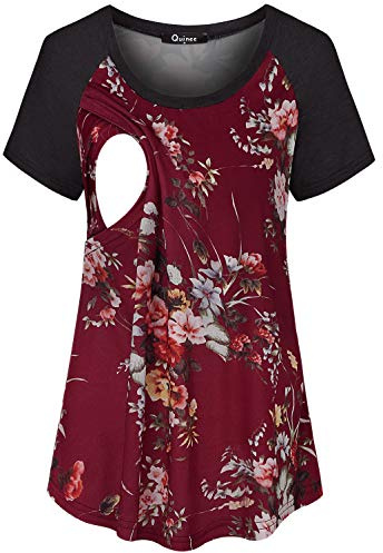 Maternity Tunic, Quinee Women Scoop Neck Breastfeeding Tops for Nursing Raglan Short Sleeve Curved Hem 2022 Fashion Pregnancy Tunic House Wear Postpartum Shirts Red Floral L