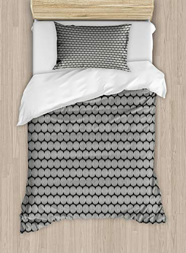 Ambesonne Abstract Duvet Cover Set, Ogee Pattern Circular Motifs Calm Tones Duo-Tone Illustration, Decorative 2 Piece Bedding Set with 1 Pillow Sham, Twin Size, Olive Green Off White