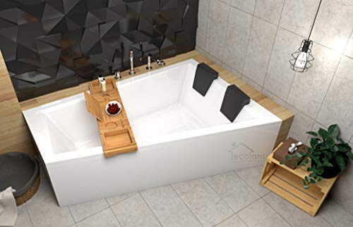 ECOLAM® Badewanne Intima Duo Eckwanne für Zwei 170x125 cm RECHTS + Ablage Bambus + Schürze aus Acryl + 2x Kopfstütze Ab- und Überlauf Automatik Füße Silikon Komplett-Set - PERFEKT FÜR ZWEI PERSONEN