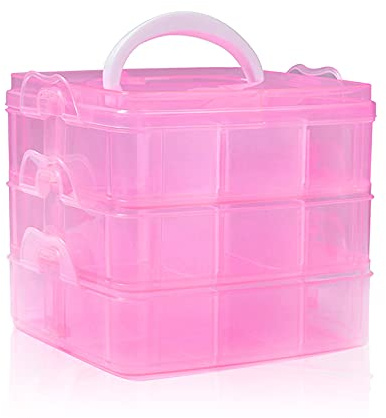 SacJkt Craft Storage Box, Compartments Divider Organizer, 3 Layers 18 Compartments Transparent Detachable Storage Box with Handle for Crafts, Jewelry, Sewing Accessories (Pink)