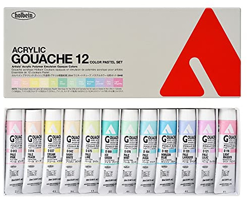 HOLBEIN ACRYLIC GOUACHE, Made in Japan, Acrylic Gouache (Opaque Acrylic Resin Paint), 0.7 fl oz (20 ml), Pastel Color, 12 Color Set