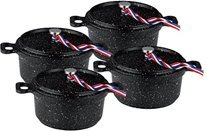 KAMBERG Set di 4 Mini Cocotte, Diametro 12 cm Rotonde Nere, Fusione di Alluminio, Rivestimento Effetto Pietra, Compatibile con Tutti i Piani Cottura, Incluso Quello a Induzione, Senza PFOA