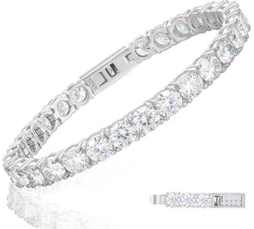 Moissanite Bracelet for Women 4MM Moissanite Tennis Bracelet Men 18K White Gold Plated S925 Sterling Silver Bracelets 11.7 Carats D Color VVS1 Round Brilliant Cut Bracelets 6.5 Inch Charm Bracelets