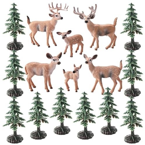 FENYW Cervo Artificiale, Figure di animali del bosco, Figurine Natalizie Miniature Renna 7,5 x 3 cm con 10 Alberi di Natale per Toppers Torta, Decorazioni Natalizie Artigianato Fai da Te