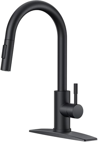 FORIOUS Black Kitchen Faucet with Pull Down Sprayer, High Arc Modern Classic Sink Faucet Stainless Steel with Deck Plate Fit for 1 or 3 Hole for Pot Filler Bar Farmhouse Laundry Rv