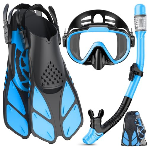 Ubekezele Equipo de esnórquel para adultos, hombres y mujeres, juego de esnórquel 4 en 1 con máscara de buceo de vista panorámica, antivaho, antifugas, esnórquel seco, aletas y bolsa de viaje para