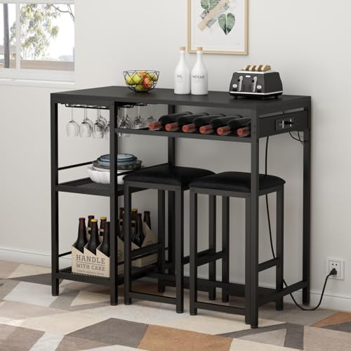 Gyfimoie Bar Table and Chairs Set with Power Outlet, Pub Table and Chairs Set for 2 with 2 Storage Shelves, 3 Piece Table Set with Wine Rack&Glass Holder for Living Room,Dining Room,Small Apt (Black)