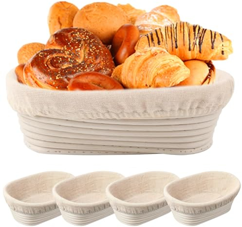 Nalcant 4 Pack Oval Banneton Proofing Basket Set 10 Inch, Natural Rattan Sourdough Bread Baskets with Linen Liners, Artisan Dough Rising Bowls for Home & Professional Bakers (10 Oval, Set of 4)