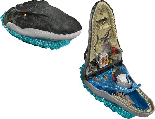 Mattel Jurassic World Rebirth Deluxe Mosasaurus Playset con 7 funzioni interattive, 7 effetti sonori e 6 micro figure, pieghevole per trasportare e riporre