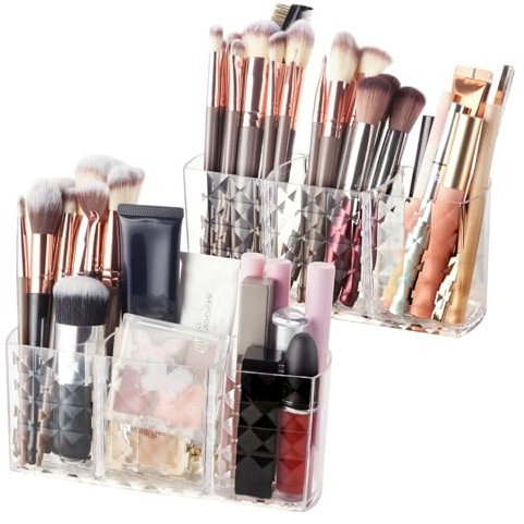 Alaoo 2-piece Makeup Brush Holder, 3 Slot Acrylic Makeup Brush Organiser, Clear Crystal Makeup Organiser Box for Eyeliners, Lipstick, Mascara and more Make-Up Storage