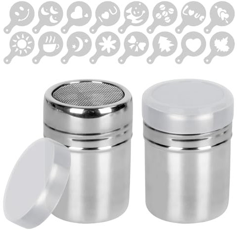 Xinsenke Set di 2 spargizucchero con 16 stencil, ideali per cacao, cappuccino, farina, cioccolato. Con coperchio, perfetti per decorare caffè, torte, cucina e pasticceria a casa o al ristorante.