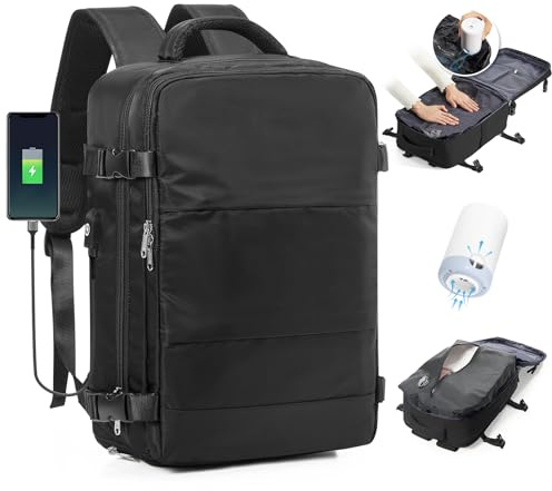 BJLFS Mochila viaje cabina avion 40x30x20 Ryanair Wizzair Equipaje de Mano 40x20x25 Vueling con Sistema de Vacío Mochila de Viaje Portátil Impermeable para Hombre y Mujer Negro