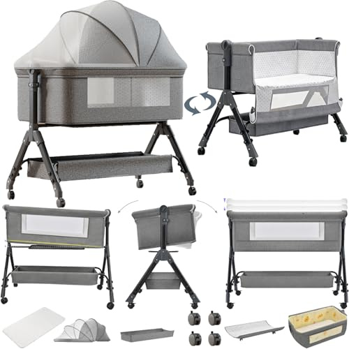 Doraystar Beistellbett Baby mit Rollen, Faltbar Co-Sleeping Babybett, Convertible Stubenwagen Baby Kleinkind Wiege mit Matratze (X3 Grey)
