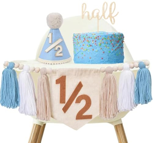 Birthday Boy Half Birthday Decorations High Chair Banner, 6 Month Tassel Wood Bead Highchair Garland Blue (Kahaki Blue)